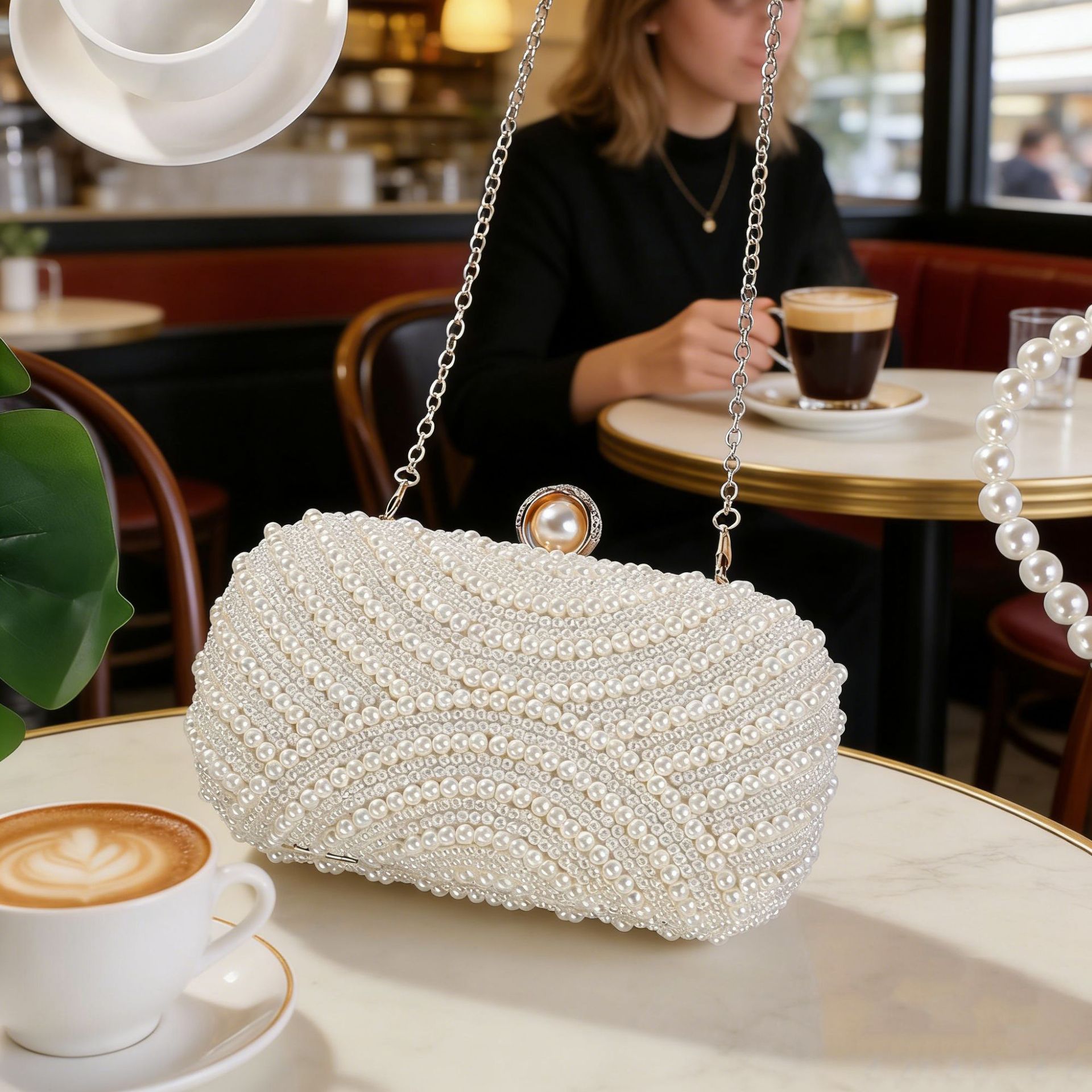Women Handheld Bags - Simple Women's Handheld Pearl Dinner Bag
